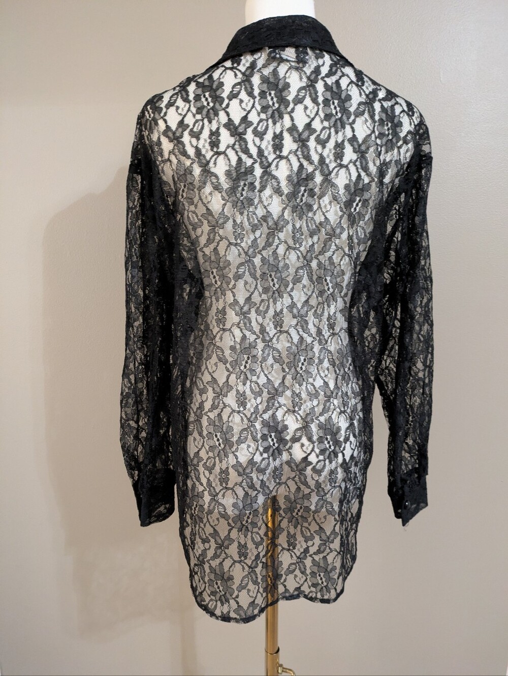 Marnie West Black Floral Lace Sheer Button-Down Collared Long Sleeve Blouse - Picture 6 of 7
